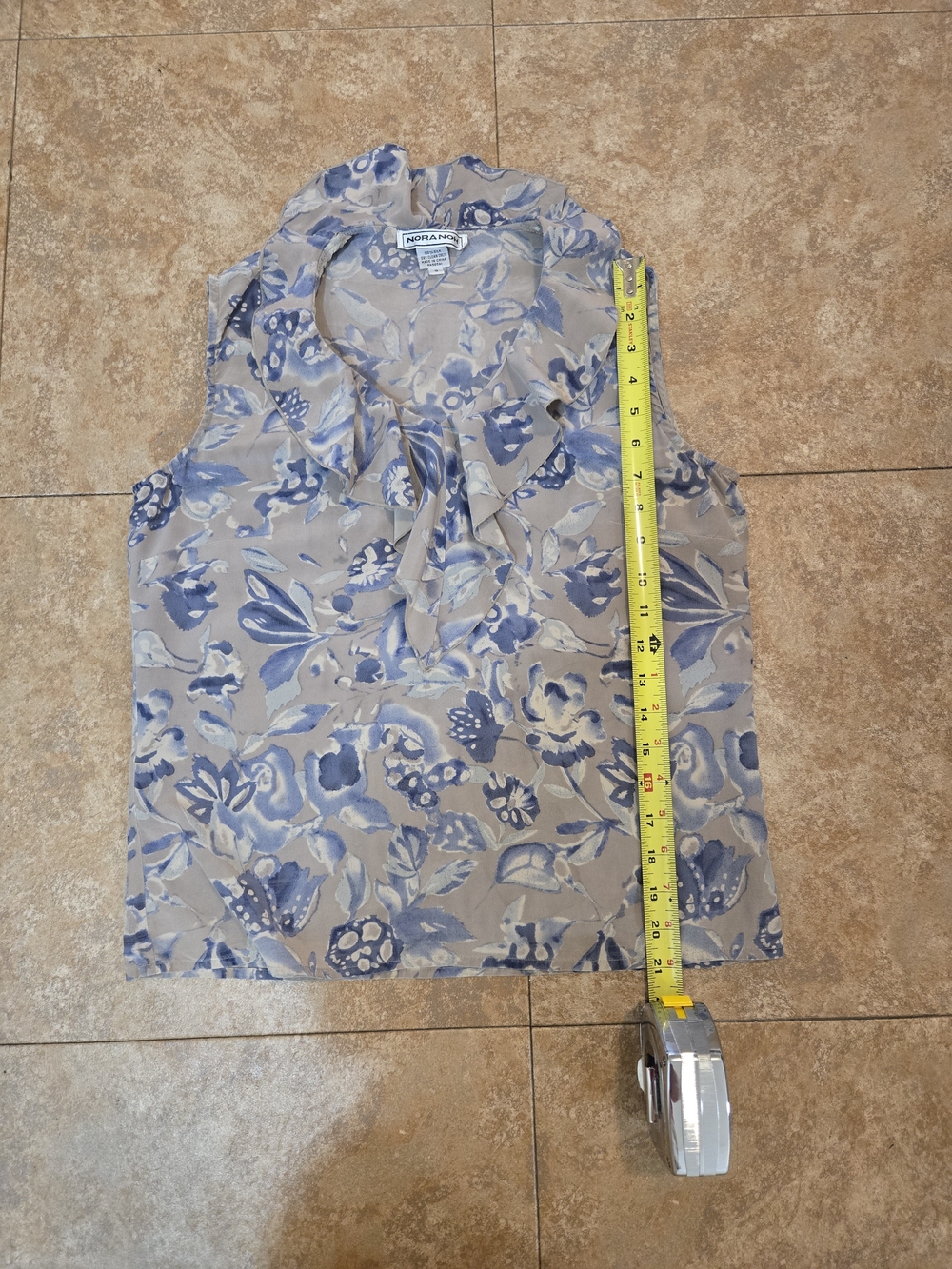 NORA NOH Beige Blue Floral Silk Chiffon Ruffle V-Neck Sleeveless Blouse S - Picture 5 of 5